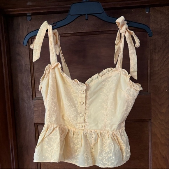 Forever 21 blouse top shirt yellow cotton button front shoulder tie size small - Picture 1 of 7
